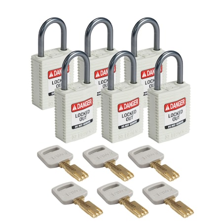 Compact SafeKey Key Retaining Nylon Padlock 1 In Aluminum Shackle KD White 6PK